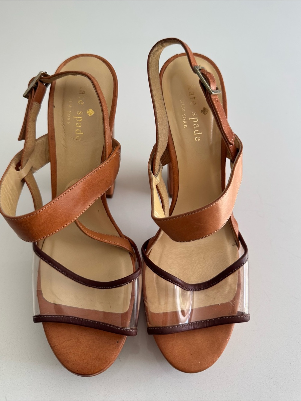 kate spade Tan Leather and Clear Strap Sling Heels